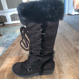 Knee high (almost) black furry boots